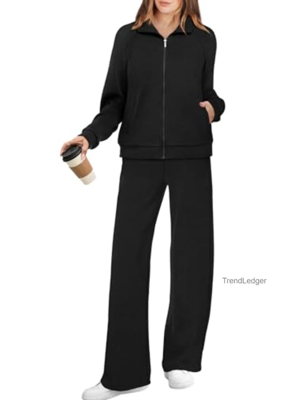 Women's 2 Piece Lounge Set Full Zip Up Sweatsuit Wide Leg Pants Polyester Rayon